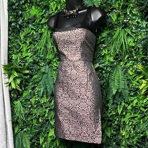 Ali Ro Dress Size 6 gold Black Floral Metallic Sheath Sheep Leather Trim 3712